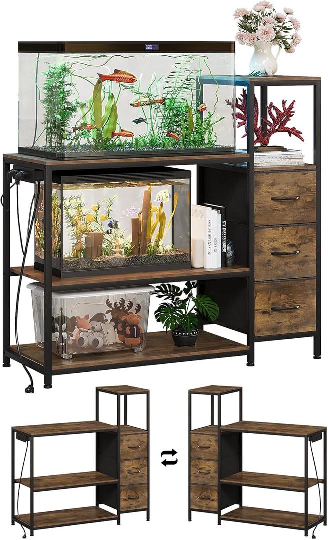 20 Gallon Aquarium Stand with Power Outlets Fish Tank Stand with 3 Drawers Metal Frame Heavy Duty Reptile Tank Stand with 3-Tier Storage Shelves,Left/Right Assembly, Adjustment Height (Brown)