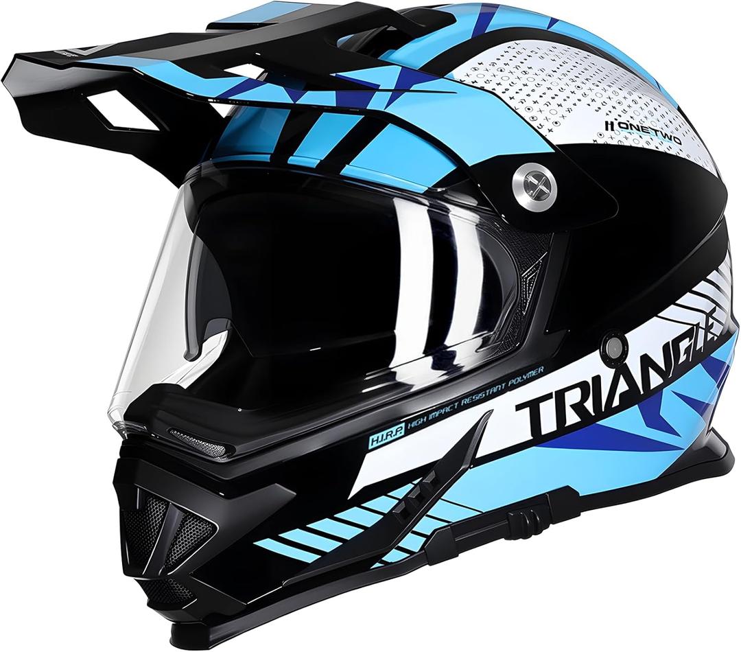 TRIANGLE Dual Sport Motorcycle Helmet Dirt Bike Helmets ATV Full Face Helmet for Adults Men with Internal Sunshield DOT Approved (Large, Blue)