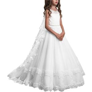 PLwedding Lace Flower Girls Dresses Kids First Communion Dress Princess Wedding Pageant Ball Gown (8, White)
