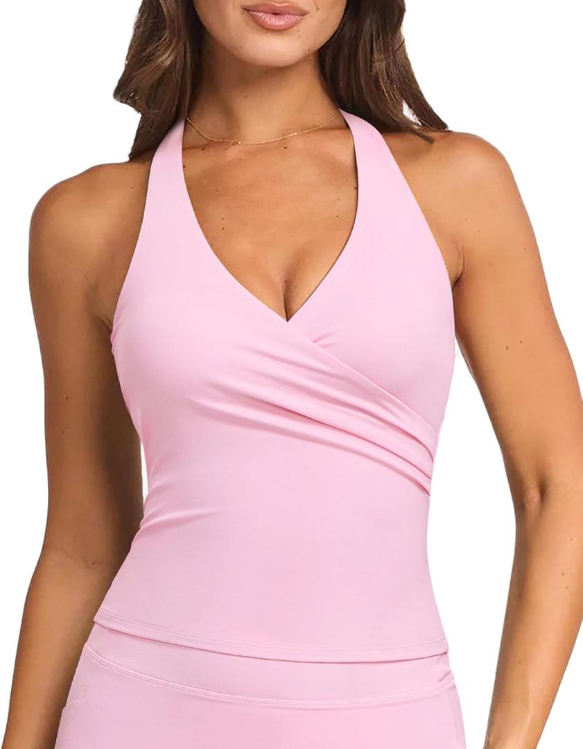 SUUKSESS Women Halter Tank Tops Deep V Neck Wrap Workout Crop Top Yoga Padded Bra (XS)