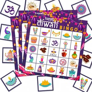 YVAINE Happy Diwali Party Festival of Lights Bingo Game, Deepavali Bingo Cards Mandala Decoration Favors Games for Diwali Diya Party Supplies Family Gathering Classroom Activities,24 Players