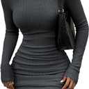 HBQ Women's Casual Sweater Dress Turtleneck Ribbed Bodycon Long Sleeve Mini Knit Dresses 2025 Fashion (Medium, Grey)
