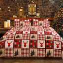 ROMROL Christmas Quilt Set Queen Size, Red Christmas Bedding Comforter Set Lightweight Patchwork Elks Quilted Coverlet Bedspread with 2 Pillow Shams96 * 90