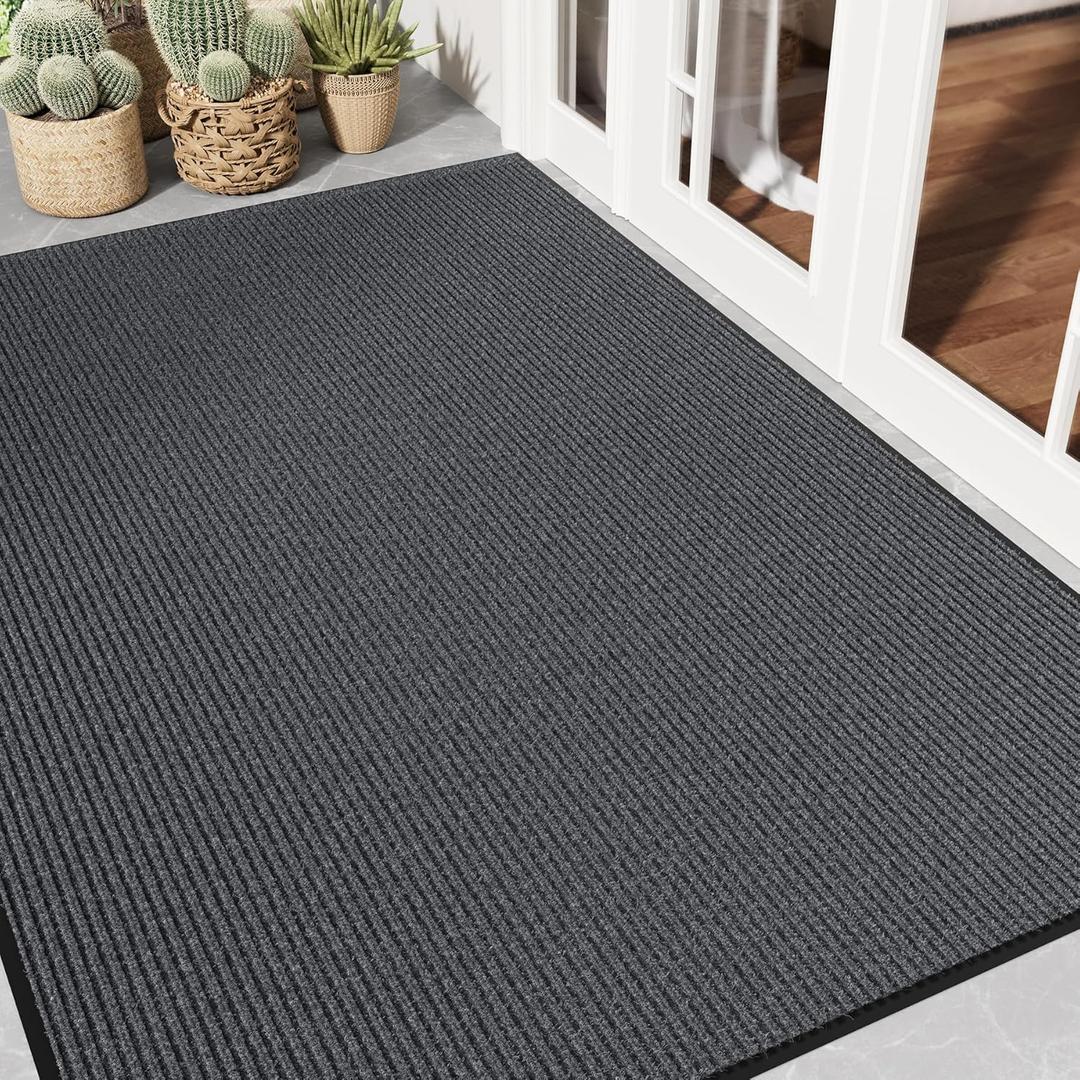 Front Door Mat 4' x 6', Heavy Duty Door Mat Outside Entrance, Non-Slip Welcome Mat Indoor Outdoor, Absorbent & Resist Dirt Entry Mat, Low Profile Commercial Door Mats Outdoor, Grey 1-Pack
