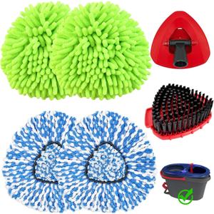 2 Microfiber Mop Head Refills and 2 Chenille Mop Pads,1 Upgrade Scrub Brush 1 Spin Mop Base for O Cedar RinseClean 2 Tank Spin Mop System,Spin Microfiber Mop Refills for Cleaning All Floors