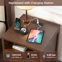 Fluted Nightstand with Charging Station, Modern Night Stand with 2 Slide Drawers and 1 Open Shelf, Walnut End Table with Metal Handles, Bedside Table for Bedroom, 17.7 x 17.7 x 23.6in
