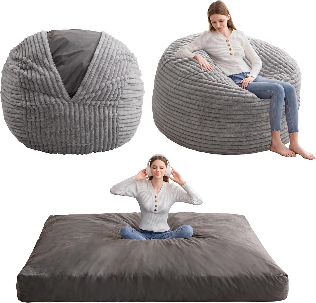 Giant Bean Bag Chair Bed for Adults, Convertible Beanbag Folds from Lazy Chair to Floor Mattress Bed with Machine Washable Cover, Large Floor Sofa Couch with High-Density Foam Filling (Queen, Dark Grey)
