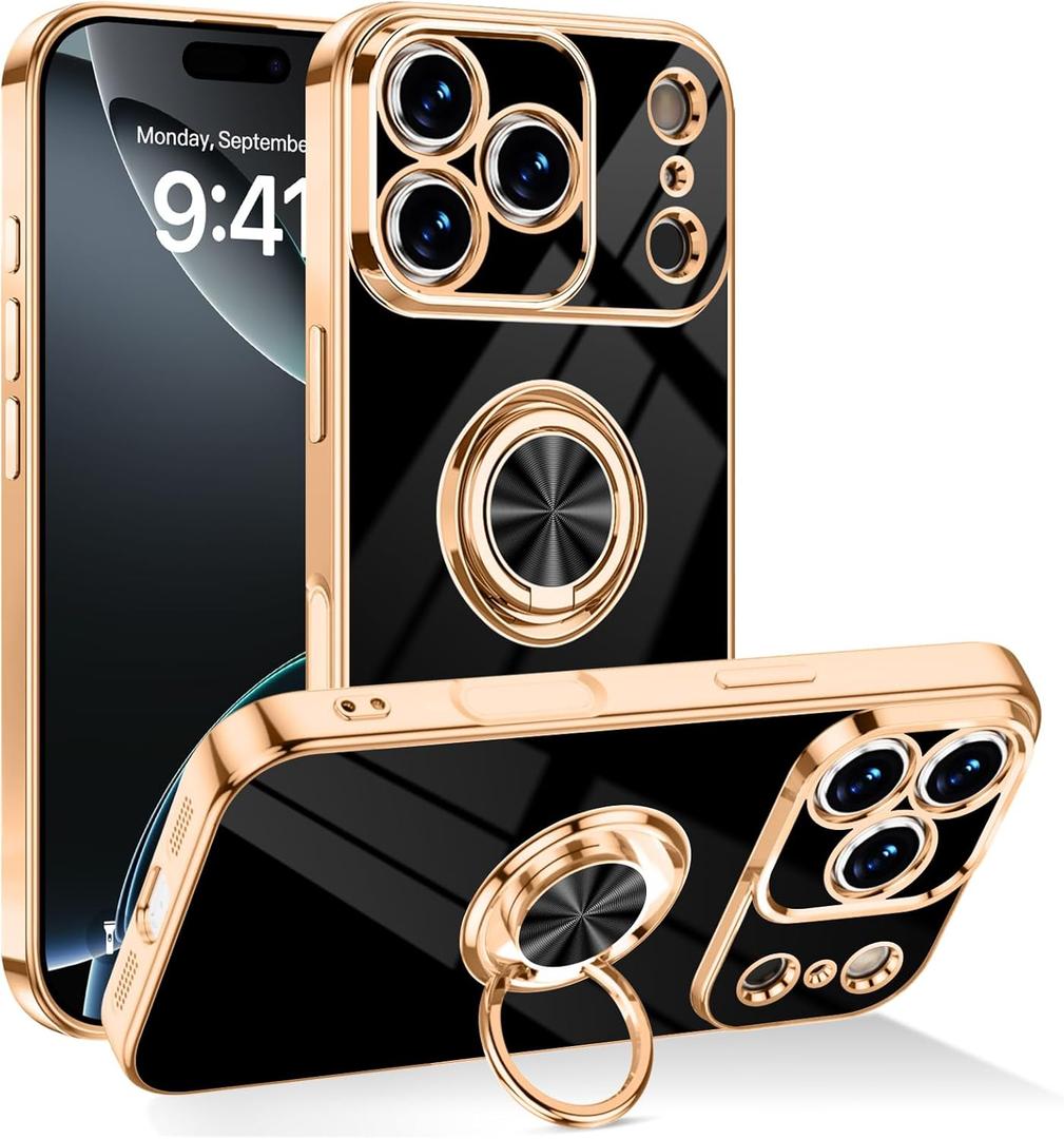 Dinick Designed for iPhone 17 Pro Max Case with Ring Holder Soft TPU Bumper Glitter Plated Slim Cover for Women Men Finger Stand for iPhone 17 Pro Max Case Black and Gold