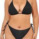Tempt Me Women Plus Size Triangle Bikini String Two Piece Halter Tie Side Swimsuit Black, 18 Plus