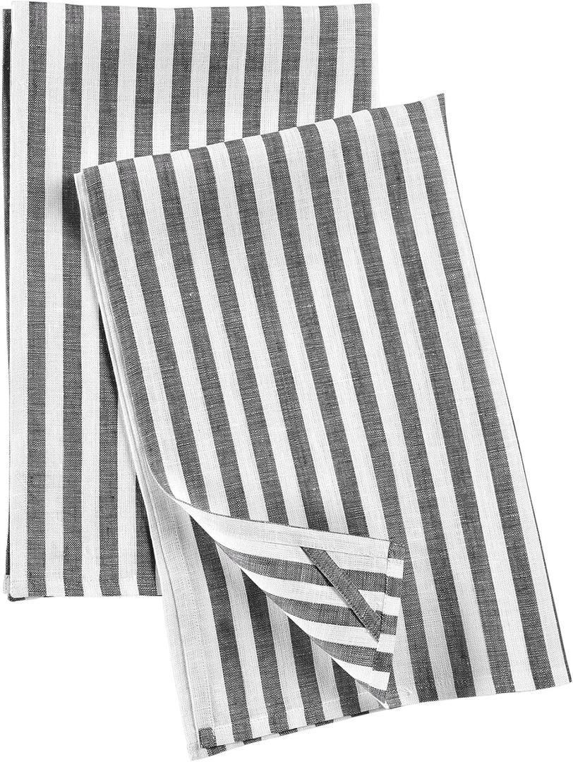 Solino Home Linen Kitchen Towels Set of 2 - Black and White 17 x 26 Inch - 100% Pure Linen Amalfi Stripe Kitchen/Tea Towels - Machine Washable and Handcrafted from European Flax
