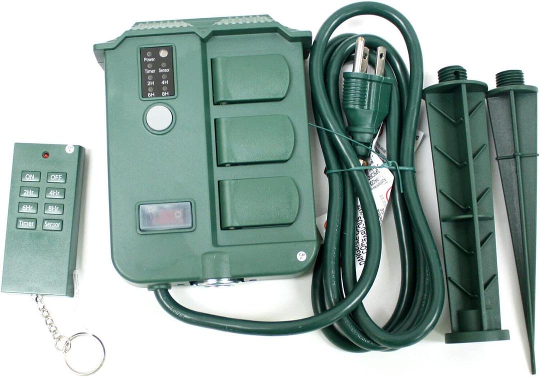 ARC-POWER Remote Control 6 Outlet Light Sensor Digital Timer Outdoor Garden Stake Strip