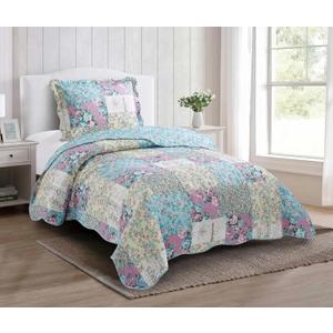 Brilliant Sunshine Lilac Rose Toile Quilt Set, 2-Piece Bedding Sets, Traditional Lively Patchwork Design, Washable, Reversible Bedspread, Soft Lightweight Coverlet, All-Season, Twin/Twin XL, Egg Blue