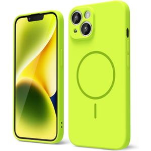 oakxco for iPhone 13 iPhone 14 Case Silicone Mag Safe, Magnetic Slim Thin Phone Case Compatible with Magsafe, Women Girls Cute Girly Bright Fluorescent Rubber Safecase with Camera Cover, Neon Green