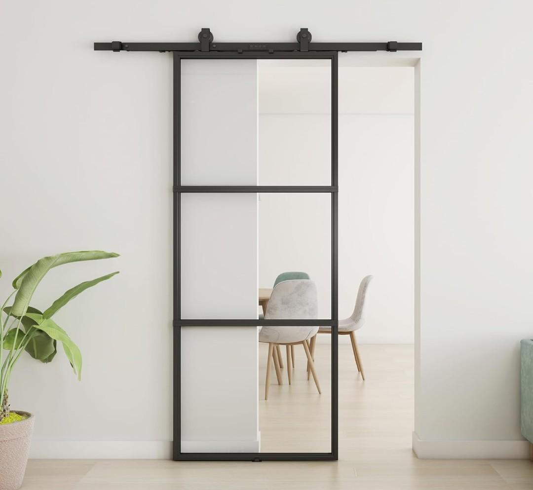 JUBEST 38in x 96in Glass Barn Door, Clear Tempered Glass Carbon Steel Pre Drilled Frame Sliding Barn Door Panel with 6.6FT Hardware Kit and Soft Close, Easy to Install