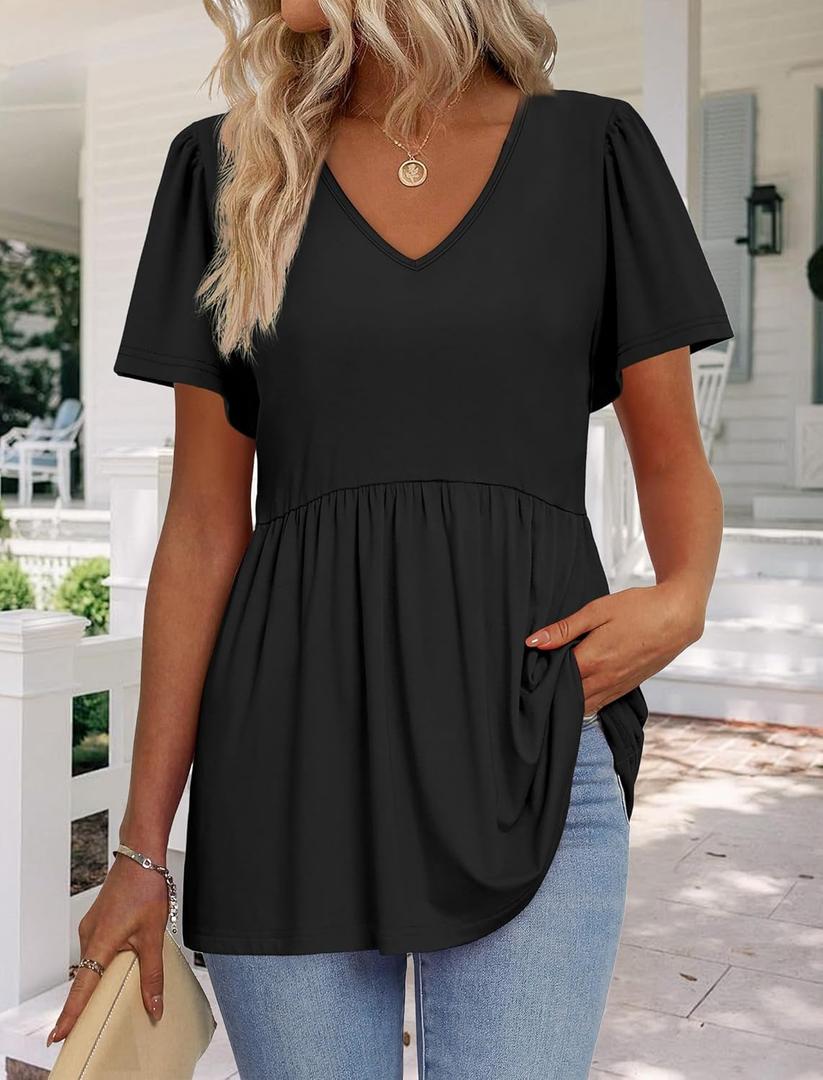 Womens Summer Tops Babydoll Short Sleeve Shirts Puff Sleeve Peplum Tops V Neck T Shirts (3X-Large, Black)