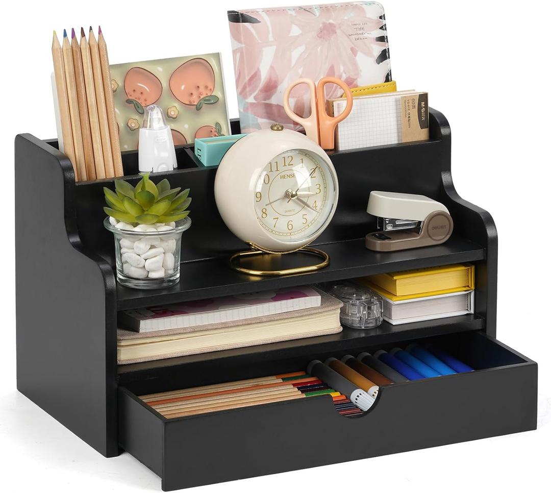 Mail Organizer Countertop, 4 Slots Desk Organizer with Drawer and Shelf, Wooden Mail Sorter for Desk, Desktop File Holders for Storage Pens, Envelopes and Bills