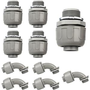Conduit Connectors, 3/4 Inch Liquid Tight Connector NPT Non-Metallic for PVC Electrical Flexible Conduit Fittings, 5 Straight and 5 Angle 90 Degree, UL Listed, Grey (10-Pack)