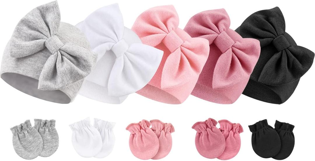 BQUBO Newborn Baby Girls Hats Mittens Set Hospital Hat Beanie Infant Bow Hats Baby Cotton Gloves for 0-6 Months