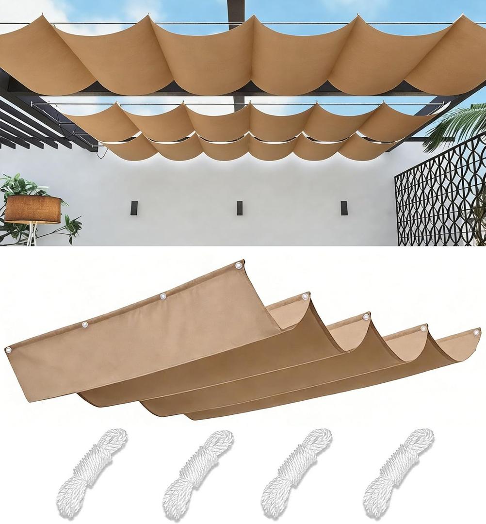 Retractable Sun Shade Sail 4' x 10' Waterproof Wave Pergola Shade Cover Polyester Sunscreen Awning Canopy Wind Protection for Outdoor Patio Yard Terrace Carport Khaki