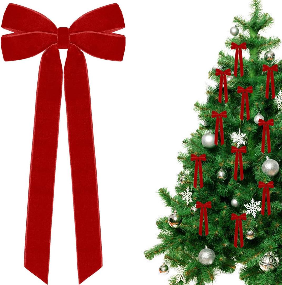 24 Pcs Red Velvet Christmas Tree Bows Door Garland Decor Vintage Wreath Bow Suitable for Christmas Trees (24PC Red)