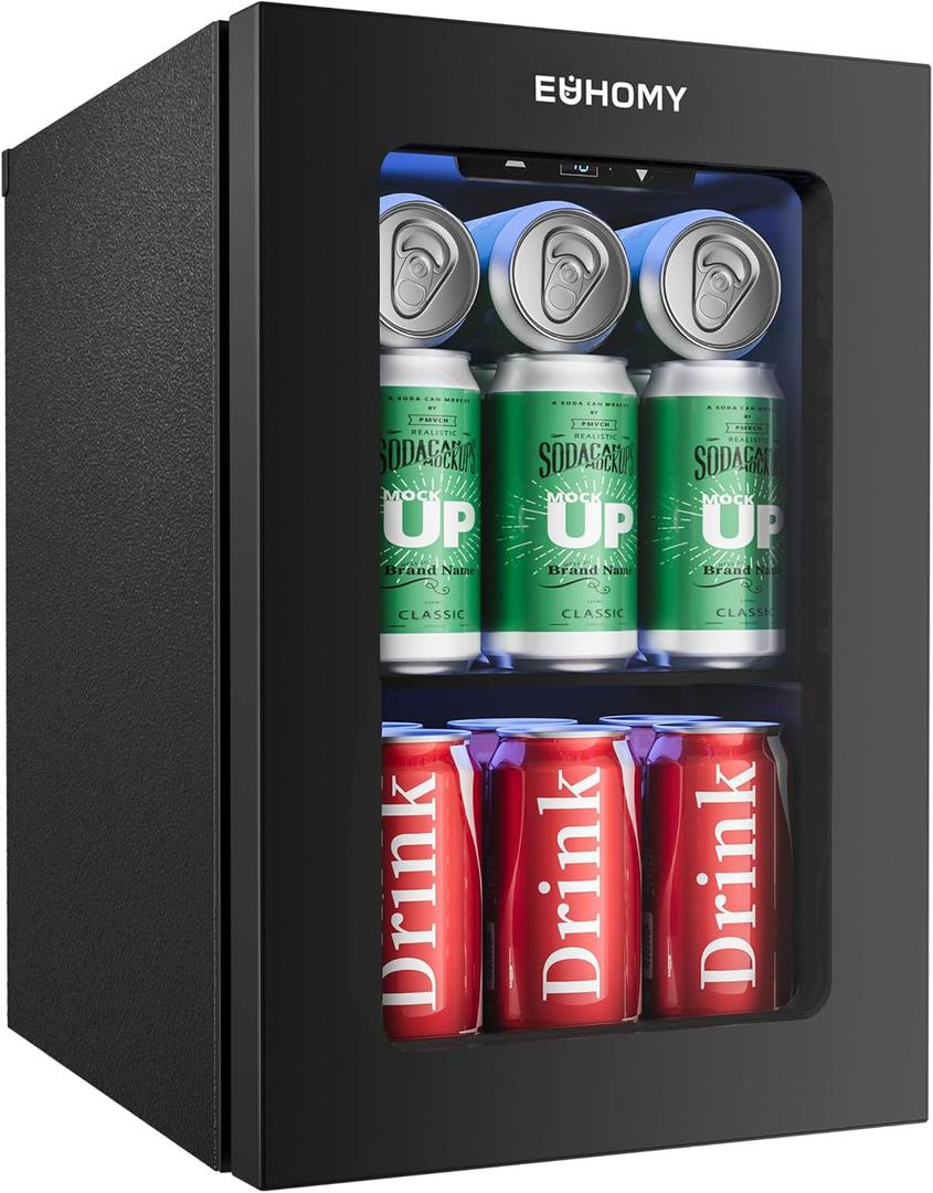 EUHOMY 18L Beverage Refrigerator Cooler, 24 Cans Mini Fridge with Quiet Compressor, Countertop Small Fridge with 40F-61F Digital Temperature Control, LED Lgiht for Home, Bar, Office (Black)