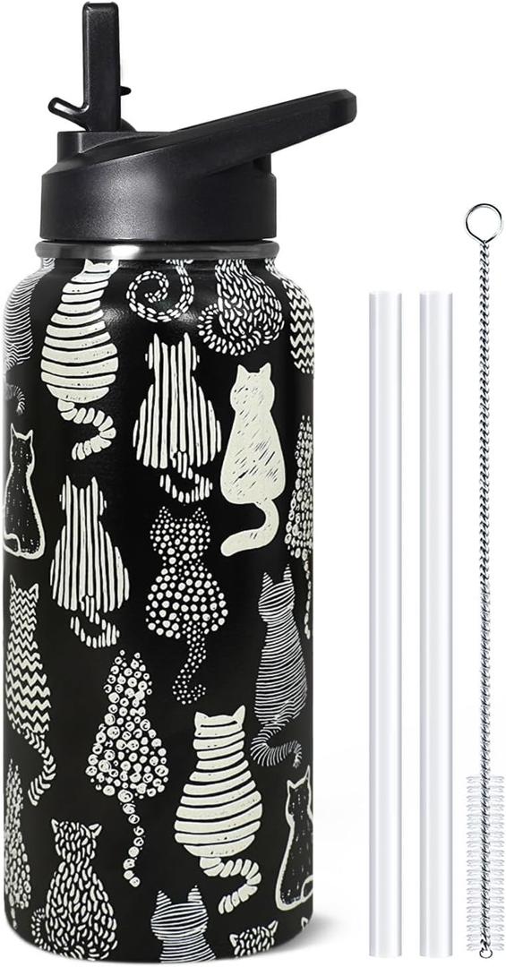 32oz Black Cat Insulated Aater Water Bottle with Straw,Cat Gym Hiking Sports Coffee Mug Cup Water Bottles,Penguin Gifts for Women,Cat Decor Stuff Accessories