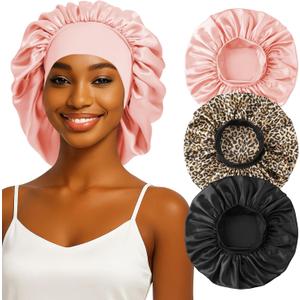 3 x 3PCS Silk Sleep Bonnet for Women, Large Satin Hair Caps with Elastic Band for Curly Hair and Frizz Control (Black/Blush/Leopard)