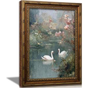 Vintage Gold Framed Swan Wall Art, White Swan Couple in Romantic Flowers Lake Scene Wall Decor, Classical Pink Floral Lake Animal Oil Poster, Spring Summer Nature Artwork for Living Room Bedroom, 24"Lx16"W