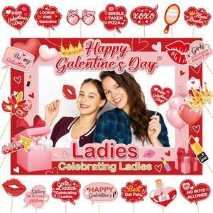 Happy Galentines Day Decorations Photo Booth Props 21 Pcs Happy Galentine's Day Photo Booth Fram Funny Selfie Props Pink for Valentines Ladies Celebrating Ladies Party Supplies and Decorations