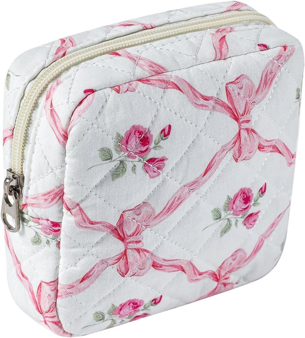 RSRSLEII Small Quilted Cosmetic Pouch for Purse, Mini Cotton Makeup Bag with Compartments, Cute Zipper Lipstick Holder for Women (09Pink Bow)
