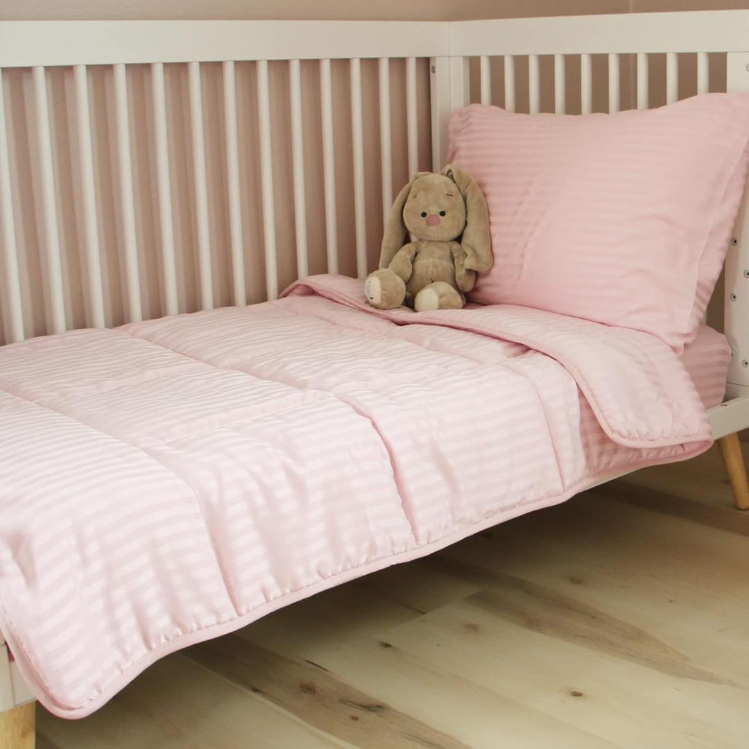 ZPECC Toddler Bedding Set - 4 Piece Hypoallergenic Baby Crib Bedding Set for Boys and Girls, Includes Toddler Comforter, Flat Sheet, Fitted Sheet and Pillowcase, Pink Stripe