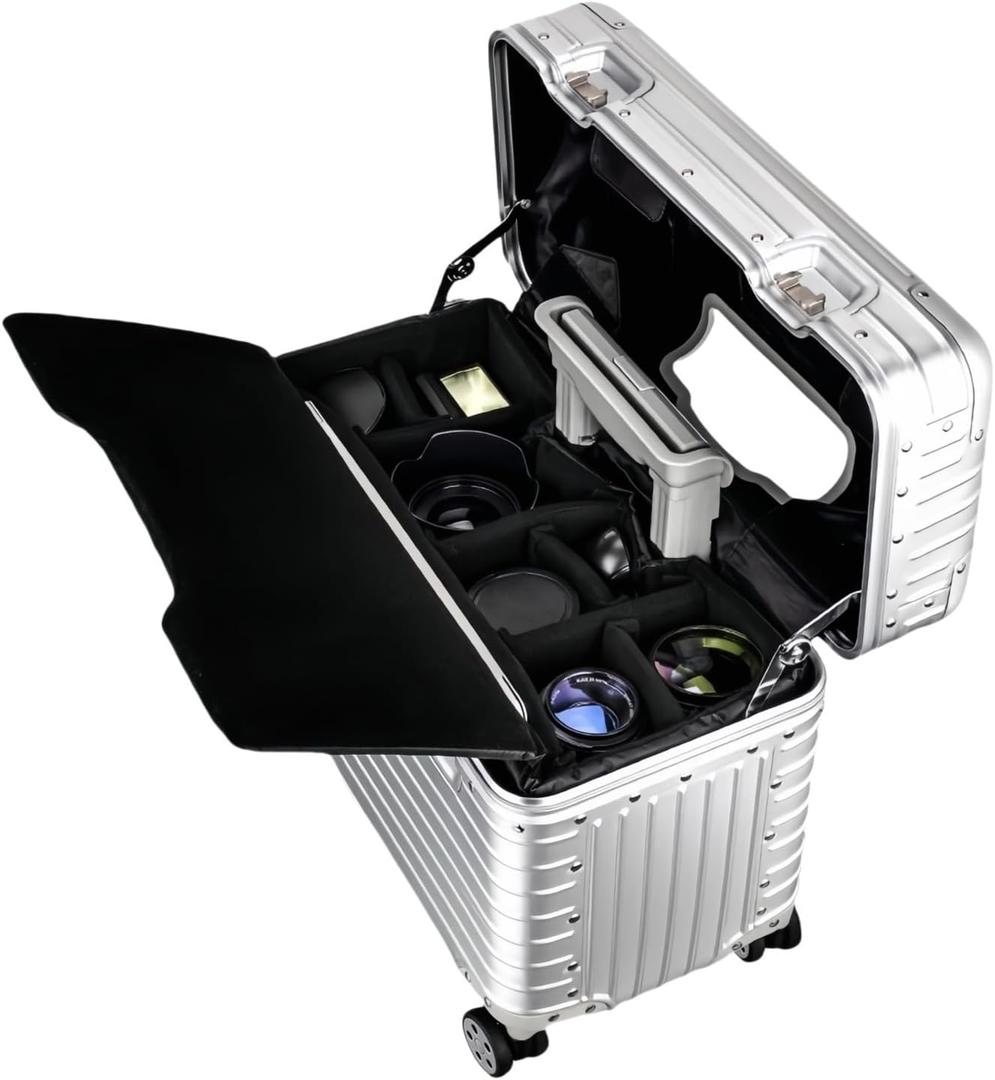 Full Aluminum Camera Carry-On Luggage DSLR Shockproof TSA lock Photography Gear Case with Removable Dividers & 360 detachable Wheels Luggage Rolling camera bag Camera storage case (silver)