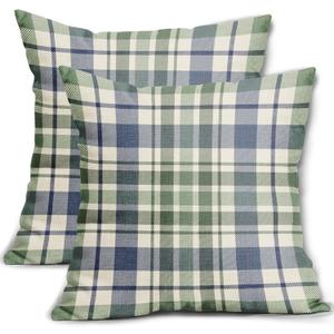 Blue Sage Green Spring Plaid Pillow Covers 20x20 Set of 2 Seasonal Tartan Buffalo Plaid Holiday Print Decorative Outdoor Pillowcases Farmhouse Summer Throw Cushion Case Couch Sofa Bed Decor