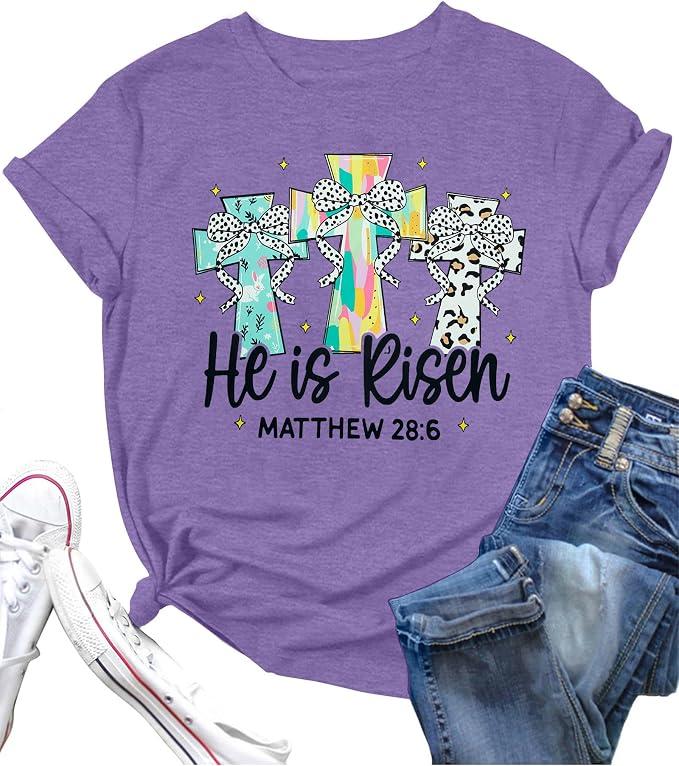 Happy Easter Shirts for Women Floral Rabbit Bunny Shirt Easter Short Sleeve Tee Tops Bunny Purple XL