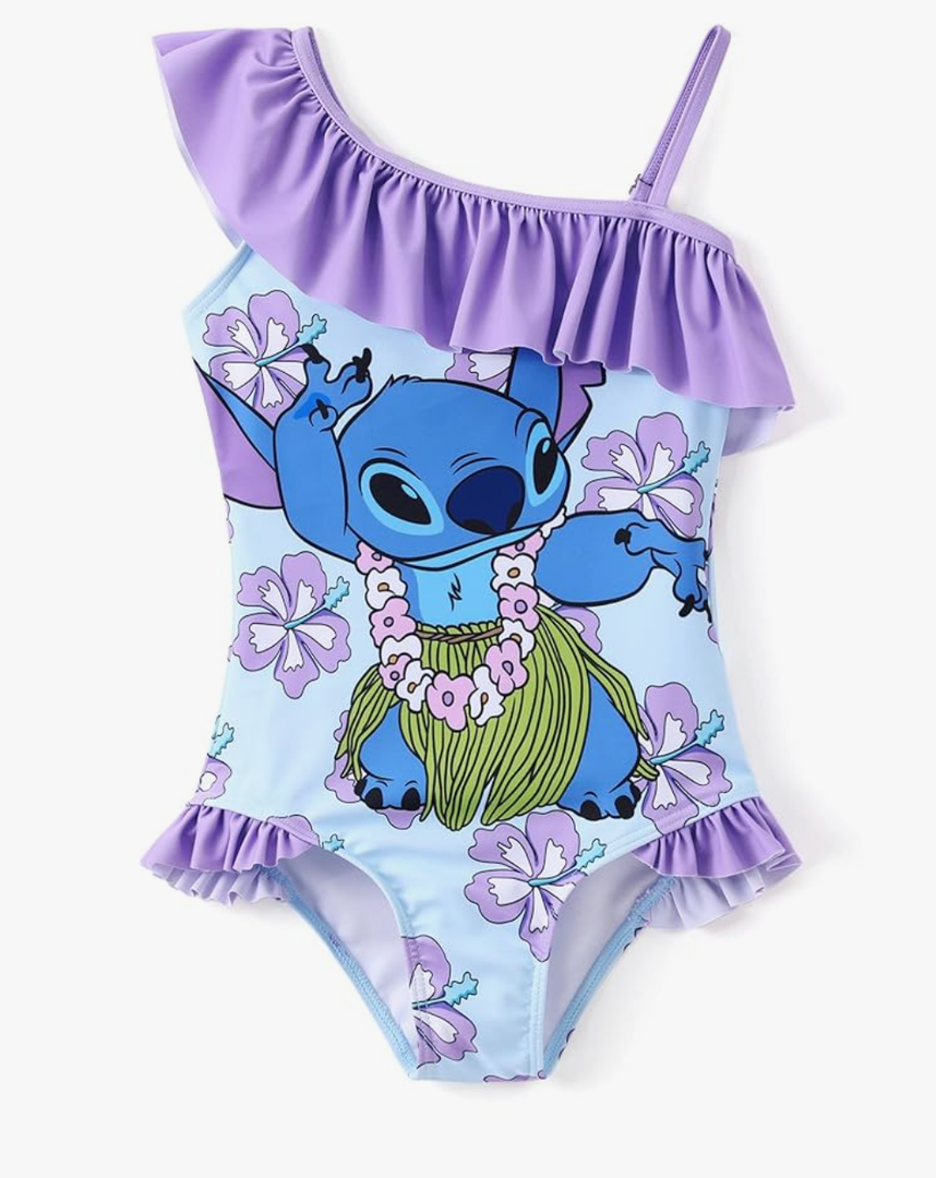 Disney Mickey and Friends Girls One Piece Swimsuits Ruffles Swimwear Beach Sport Bathing Suit, Color: Purple-1, Size: 10-11 Years