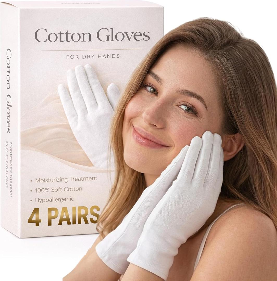 Cotton Gloves for Dry Hands Sleeping  4 Pairs 100% Cotton Moisturizing Gloves Overnight, Breathable Reusable Spa Care White Gloves Costume for Hand Repair (One size)