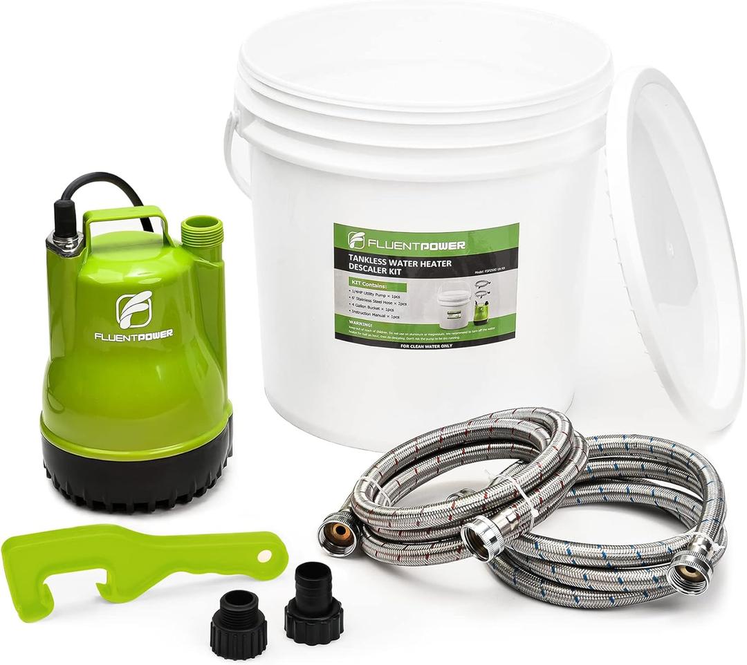 FLUENTPOWER Tankless Water Heater Descaling Flush Kit, Includes 1/4HP Submersible Utility Water Pump with Adapters, 4 Gallon Pail with Bucket Lid Opener, Two 3/4"GHT x 6' Stainless Steel Hoses