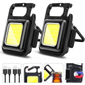 MAKDAK Cob Keychain Work Light Rechargeable EDC Keychain flashilight Emergency Light with Folding Bracket Bottle Opener for Fishing,Camping and Walking , 2Pack