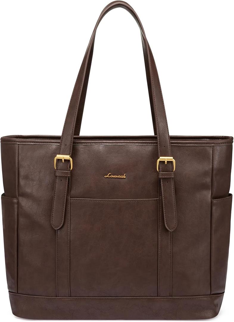 LOVEVOOK Laptop Tote Bag for Women,Vintage Leather Work Tote Bag for Women, 15.6 Inch Computer Briefcase Bag,Waterproof Teacher Business Office (Dark Brown)