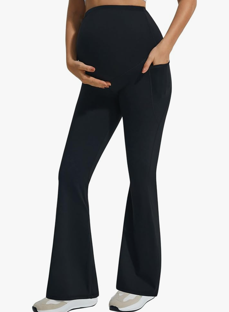 JOYSPELS Smooth Feeling Flare Maternity Leggings Over The Belly with Pockets Soft Bootcut Pregnancy Yoga Pants Size M
