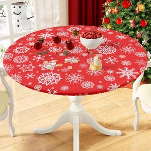 misaya Round Fitted Christmas Tablecloth with Elastic Edge, 100% Waterproof Oil Proof Table Cover, Vinyl Flannel Backed Tablecloth Fits 36"-44" Round Tables for Christmas Dinner