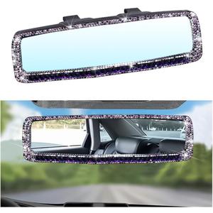 Bling Car Rear View Mirror, Rhinestones Crystal Clip-on Rearview Mirror with HD Glass, Compatible with Most Cars, SUVs, Vehicles, Auto Interior Accessories for Women Girl (Purple)