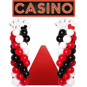 Zhanmai 138 Pcs Casino Theme Party Decorations Set 8 Jumbo Poker Cards Casino Balloon Column Stand Kit Casino Theme Banner Red Carpet for Game Night Birthday Party Supplies