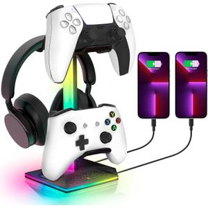RGB Headset Stand, Gaming Controller Stand with 2 USB and 1 Type-C Ports,10 Light Modes Headset Holder PC Gaming Accessories, Suitable for All Earphone Accessories, Gift for Boys Men Gamers