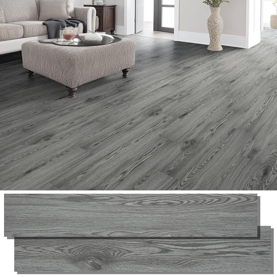 INMOZATA Peel and Stick Floor Tile Vinyl Flooring, Waterproof Vinyl Plank Flooring 36-Pack 54 Sq.Ft Wood Grain Self Adhesive Peel and Stick Flooring for Bedroom, Living Room, Kitchen, RV(Natural Gray)