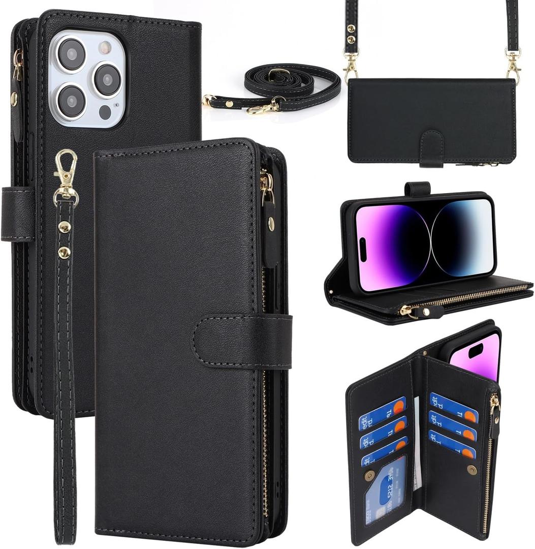 iCoverCase Compatible with iPhone 15 Pro Max Crossbody Case with Strap, Wallet Phone Case Card Holder [Not Detachable] PU Leather Kickstand Zipper Lanyard Case 6.7" (Black)