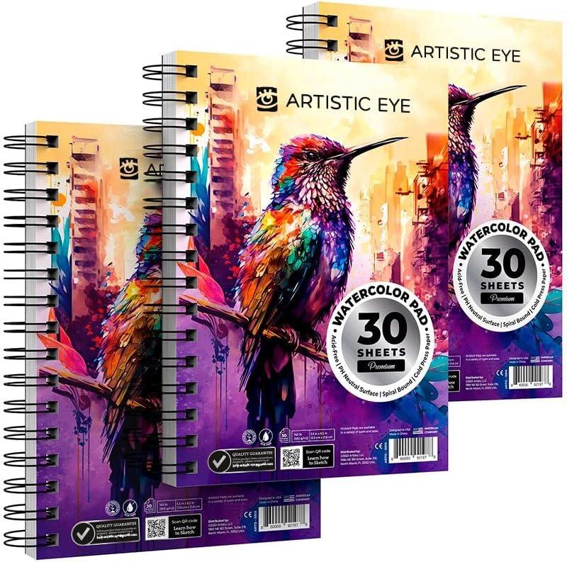 ARTISTIC EYE 5.5x8.5 Premium Watercolor Pads, Pack of 3 (90 Sheets), Spiral Bound, 140lb (300gsm), Acid-Free Paper, Perfect for Most Wet & Dry Media, Ideal for Beginners, Artists & Professionals