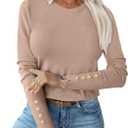 ANRABESS Sweaters for Women Long Sleeve Crewneck Fitted Business Casual Pullover Tops 2025 Fall Outfits with Button Cuff (Medium, Almond)