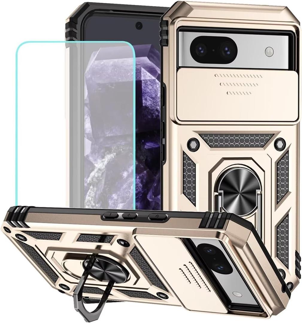 Case for Pixel 8A Case, Google 8A Case with Tempered Glass Screen Protector and Slide Camera Cover, 360 Rotate Ring Stand Magnetic Cover for Google Pixel 8A Gold