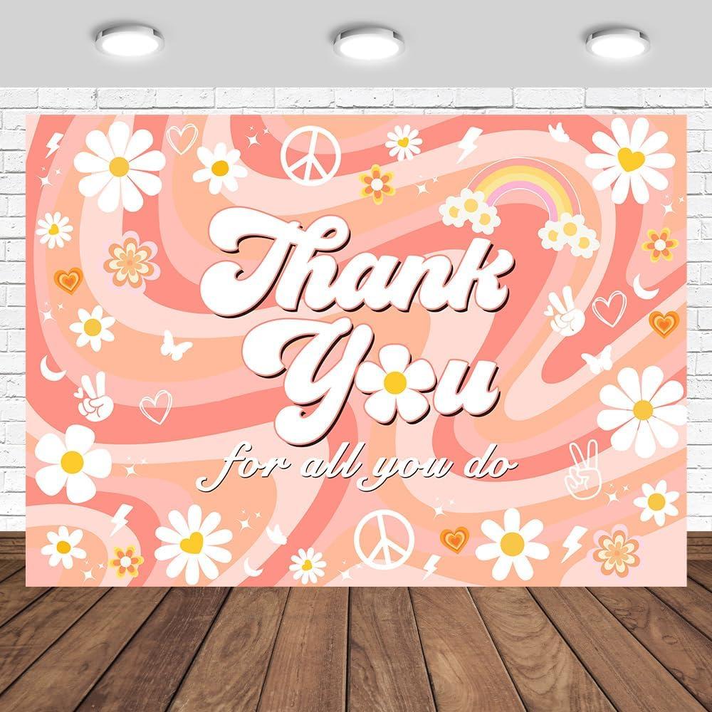Thank You Backdrop 7x5ft Retro Girls Daisy Hippie Flower Boho Rainbow Theme Photography Background Thank You for All You Do Party Banner Photo Studio Props